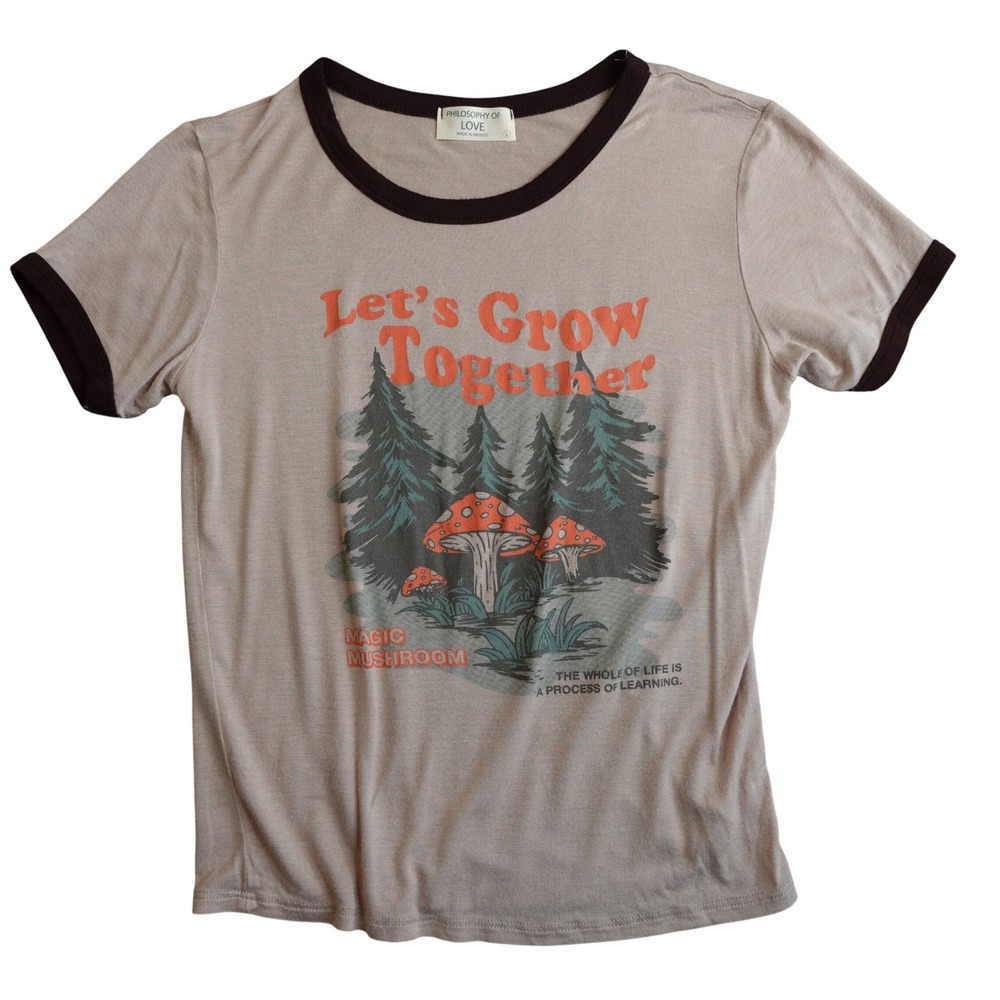 Y2K Magic Mushroom Baby Tee L Tan Brown Earthy Retro Boho Graphic Ringer T Shirt